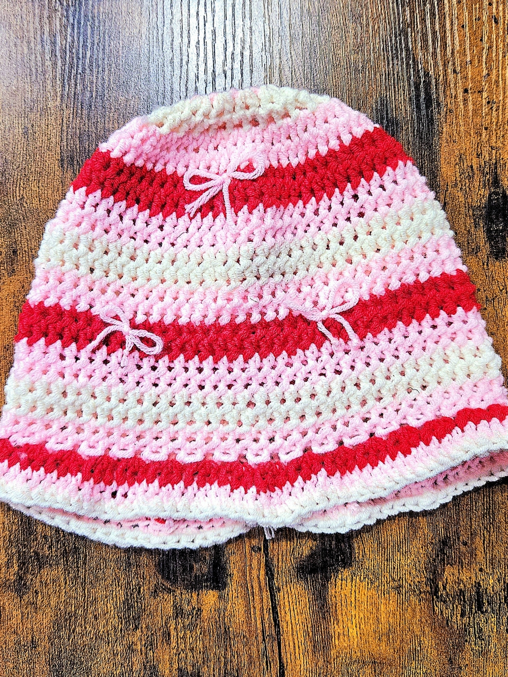 Crocheted Valentine's Day Striped Beanie Hat in Pink, Red & White